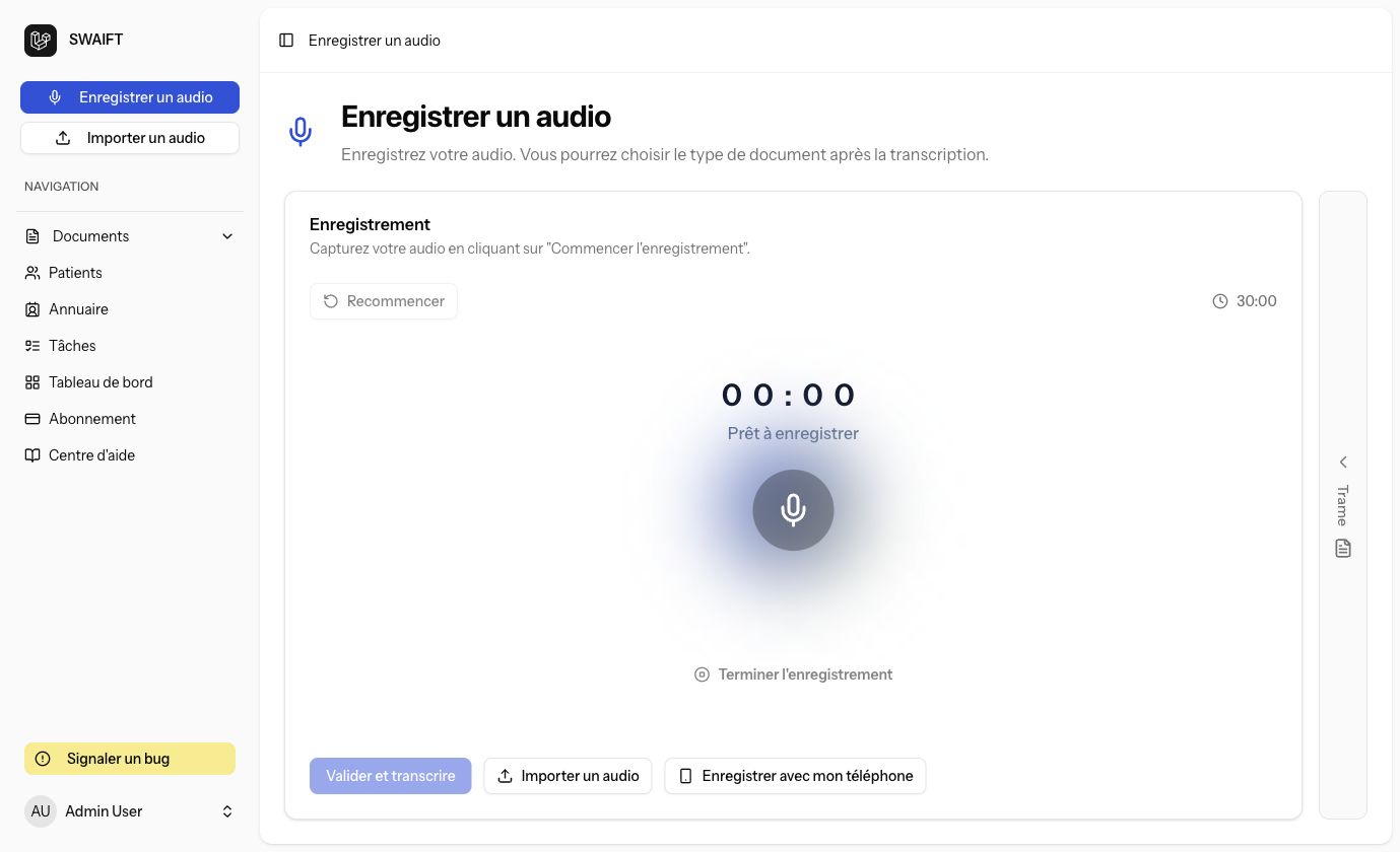 Capture de SWAIFT : enregistrement audio, transcription et option Enregistrer avec mon téléphone